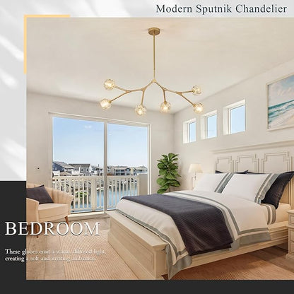 K9 Crystal Pendant Light Fixture Sputnik Chandeliers for Dining Room 6 Light Modern Gold Chandelier L43’' Mid Century Flush Mount Chandelier for Over Table Living Room Kitchen Island