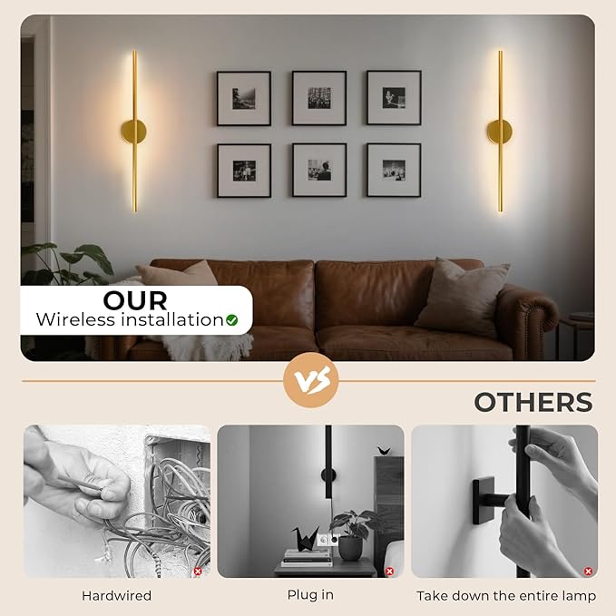 GvvooHome Battery Operated Wall Sconces Set of 2, 10000mAh Wireless Rechargeable Wall Lights Dimmable Detachable Wall Lamp with Remote Control, 3000K-6500K Dimmable Wall Sconce 28.3 Inch Gold