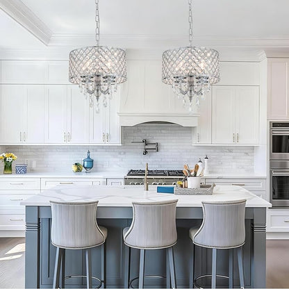 VILUXY Modern Crystal Chandelier Chrome French Country Pendant Light Small Hanging Ceiling Light Fixture Drum Shade for Bedroom, Kitchen Island, Girl Room, Dining Room 4-Light