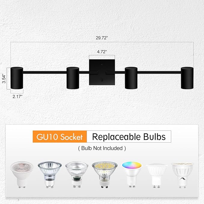 AUQUEE 4 Light Track Lighting Fixtures Ceiling, Matte Black Track Lights Ceiling with Flexibly Rotatable Light Heads, Modern LED Track Light kit for Kitchen/Hallway, GU10 Bulb Not Included