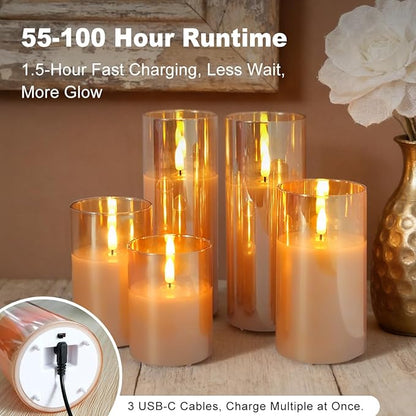 Rechargeable Flameless Candles, Realistic Flickering LED Flameless Candles Real Wax Candle with Remote Control and Timer, Gold Glass Electronic Candle, 1 Set of 5（Gold）