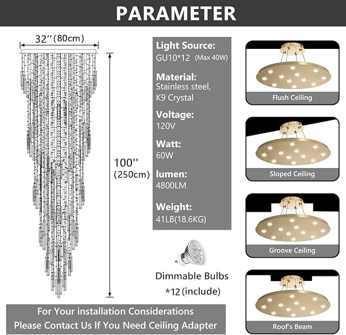 98'' Modern Crystal Chandelier High Ceiling Chandeliers for Entryway Large Raindrop Chandeliers LED Dimmable Flush Mount Light Fixtures for Staircaes Foyer Hallway Living Room LED Bulbs Included Gold