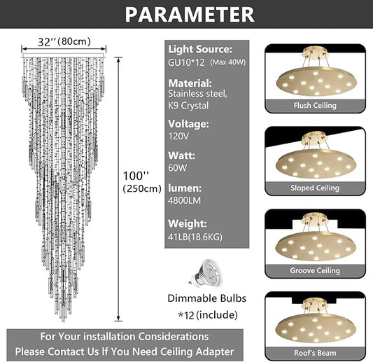 98'' Modern Crystal Chandelier High Ceiling Chandeliers for Entryway Large Raindrop Chandeliers LED Dimmable Flush Mount Light Fixtures for Staircaes Foyer Hallway Living Room LED Bulbs Included Gold