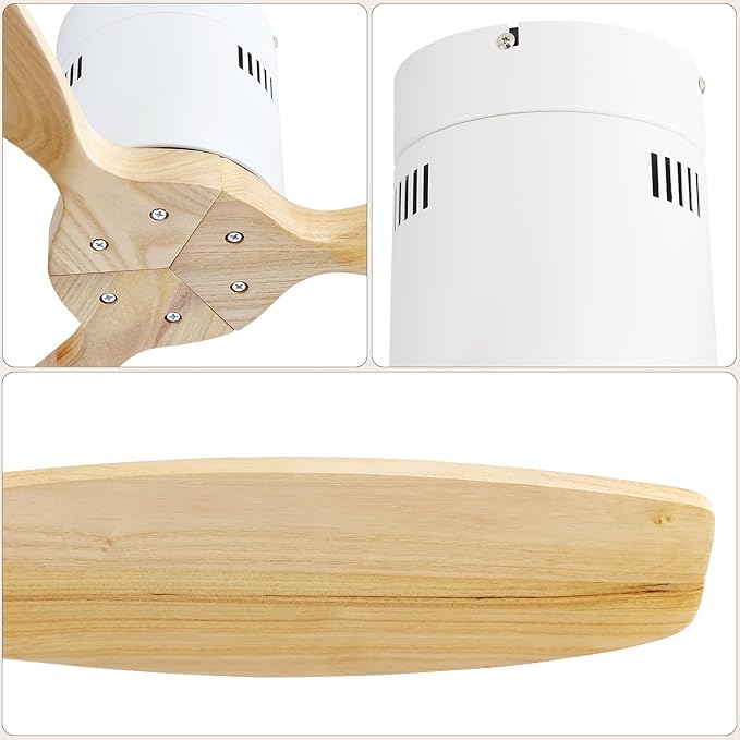 Sofucor 52 Inch Smart Ceiling Fan Without Light Flush Mount Solid Wood Ceiling Fan with Alexa/Google/APP/Remote Control-Modern Outdoor Ceiling Fans No Light for Bedroom/Patio/Indoor,Natural Wood&White