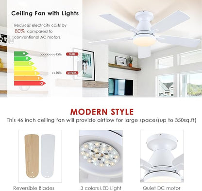 Mpayel 46 Inch Ceiling Fans with Lights and Remote, White Ceiling Fan with Light Flush Mount, Low Noise, Reversible, Dimmable, Modern Low Profile Ceiling Fan with Light for Bedroom Indoor Outdoor