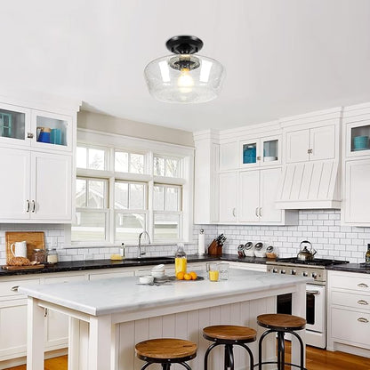Schoolhouse Style Light Fixture, 12" Black Semi Flush Mount Ceiling Light with Seeded Glass Globe, Close to Ceiling Lights for Kitchen, Hallway, Entryway
