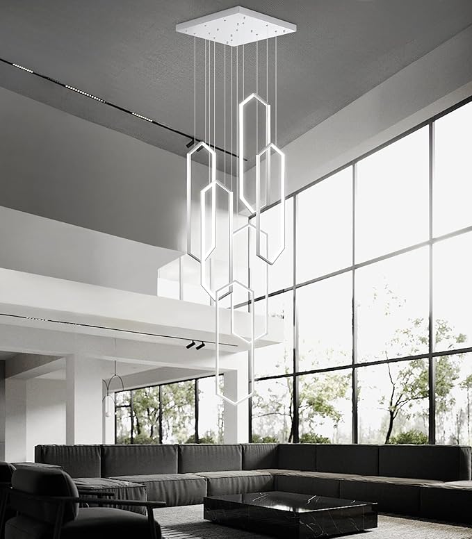 6 Rings Modern Chandelier LED Dimmable Long Large High Ceiling Chandelier Adjust Flush Mount Ceiling Light for Foyer Lobby Living Room Staircaes Sliver