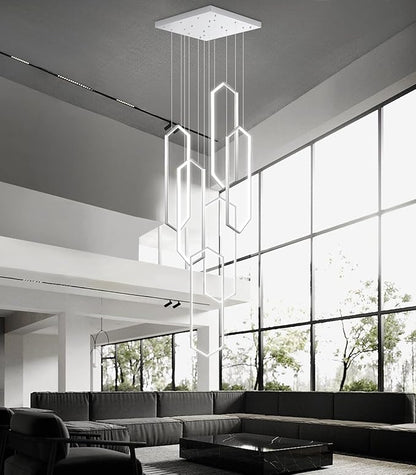 6 Rings Modern Chandelier LED Dimmable Long Large High Ceiling Chandelier Adjust Flush Mount Ceiling Light for Foyer Lobby Living Room Staircaes Sliver