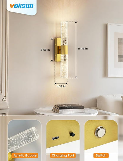 VOLISUN Battery Operated Wall Sconces Set of Two,Gold Sconces Wall Decor Set of 2,Wireless Wall Sconces with Remote,Rechargeable Wall Light for Living Room,Bedroom,Bathroom,Vanity (15.3 inch)