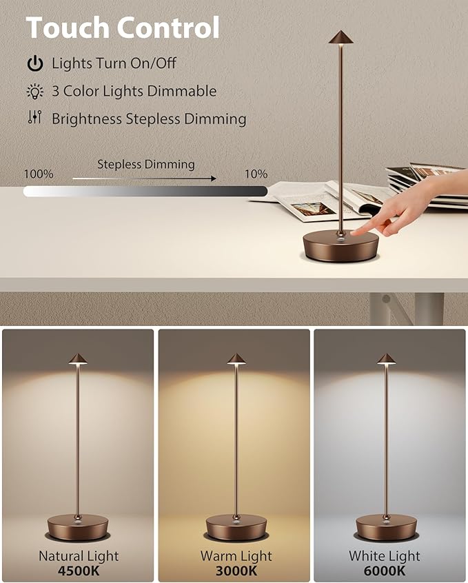 Cordless Table Lamps Rechargeable, 6000mAh Battery Operated LED Desk Lamp Outdoor Waterproof Portable Touch Dimmable Table Night Light for Patio Restaurant Dining Home Set of 2 Moka