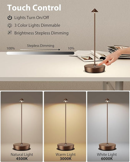 Cordless Table Lamps Rechargeable, 6000mAh Battery Operated LED Desk Lamp Outdoor Waterproof Portable Touch Dimmable Table Night Light for Patio Restaurant Dining Home Set of 2 Moka