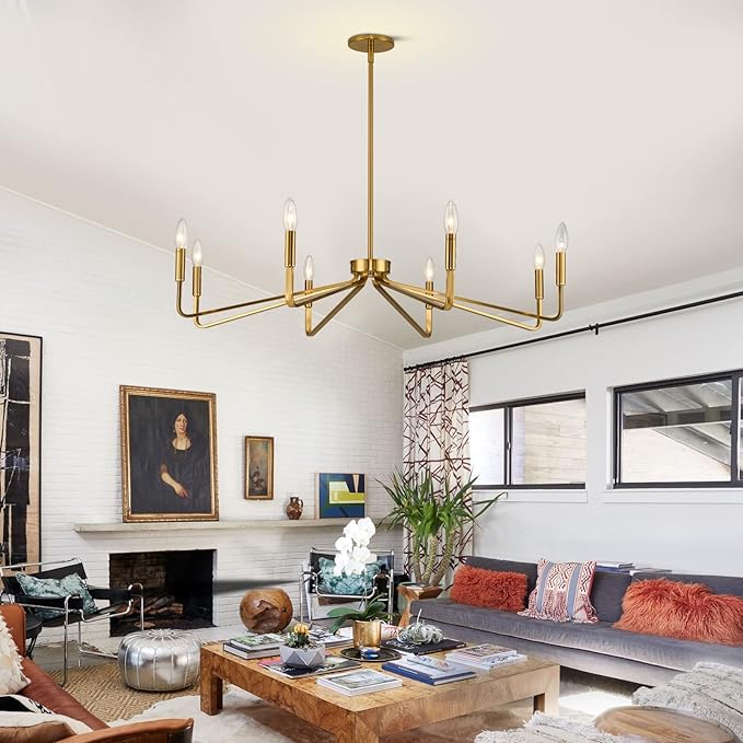 38" Gold Chandeliers for Dining Room, 8-Light Modern Farmhouse Chandelier Light Fixture, Brushed Brass Industrial Candle Lighting Hanging Ceiling for Living Room Bar Kitchen Island Lights