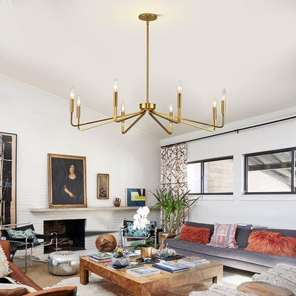 38" Gold Chandeliers for Dining Room, 8-Light Modern Farmhouse Chandelier Light Fixture, Brushed Brass Industrial Candle Lighting Hanging Ceiling for Living Room Bar Kitchen Island Lights