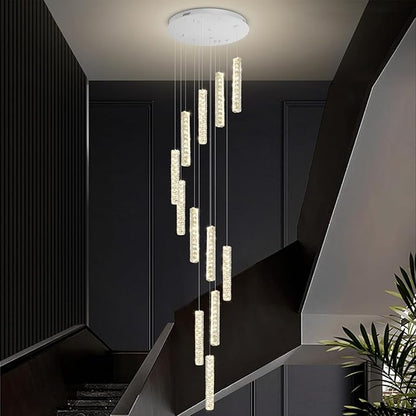 Long Spiral Crystal Chandelier Lighting for Foyer Silver 12-Light Staircase Chandelier High Ceiling Slopped LED Dimmable 2700K-6000K