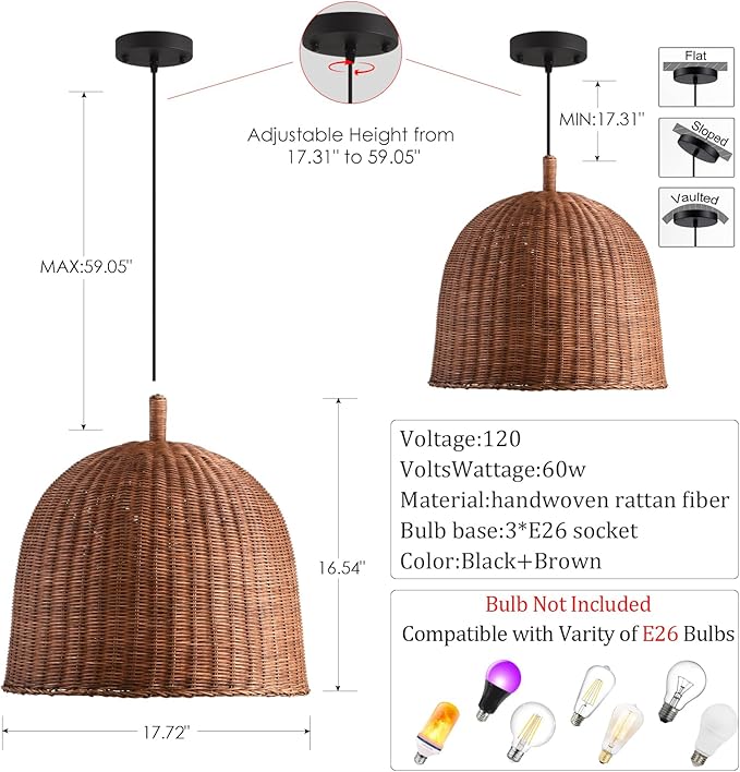 HUEHENGHAO 16.54" Dark Brown Rattan Pendant Light, 3-Light Rattan Chandelier Handmade Woven, Wicker Basket Chandelier Farmhouse for Dining Living Bedroom Kitchen