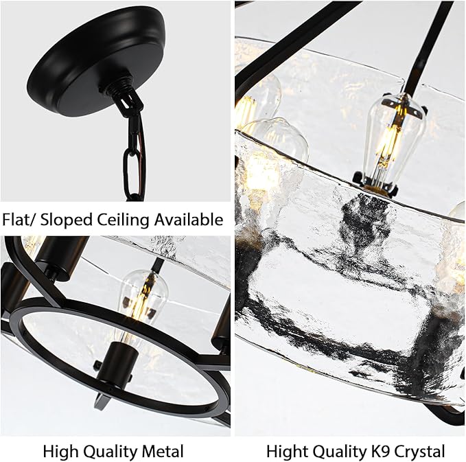 Luupyia 20 Inches Black Glass Drum Chandelier, 5Lights Modern Glass Chandelier, Height Adjustable Drum Chandeliers Crystal Pendant Light Over Dining Room Table Kitchen Entryway Chandeliers for Foyer