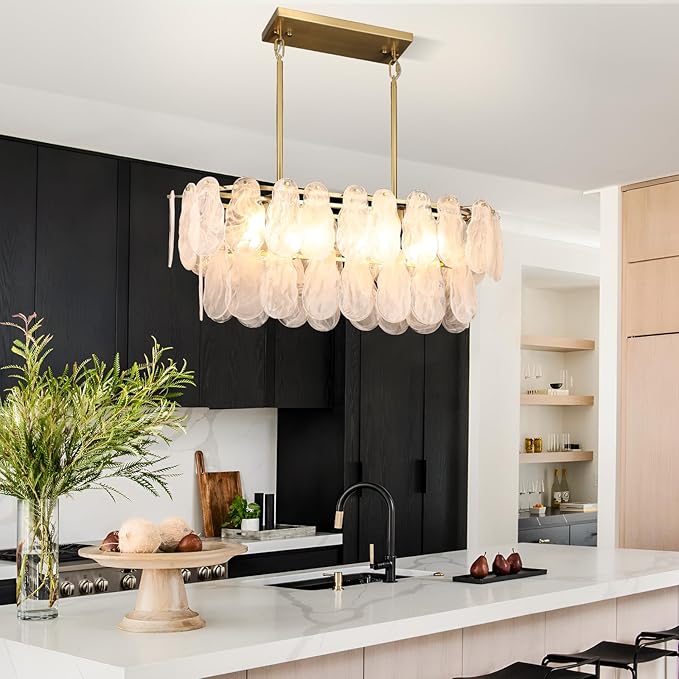 Gold Crystal Chandelier Rectangular Pendant Lighting 8-Light Crystal Chandeliers for Kitchen Island Cloud Glass 2-Tier Light Fixture for Dining Room, Living Room, Kitchen