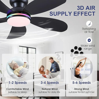 PHORUS 42" Black RGB Ceiling Fans with Lights and Remote/APP,Low Profile Ceiling Fans with Quiet Reversible DC Motor,Small Modern Flush Mount Ceiling Fan Light for Bedroom Kids Room