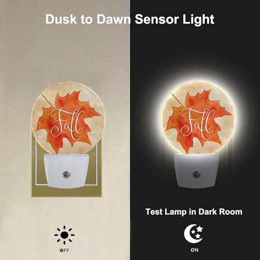 Fall Plug-in Nightlight Watercolor Autumn Maple Leaf Night Light Auto Dusk-to-Dawn Sensor LED Lighting for Bedroom Bathroom Kitchen Home Decor Orange