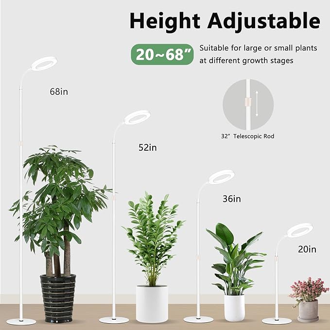Grow Light for Indoor Plants, Full Spectrum LED Tall Plant Lights with Timer, Standing Floor Growing Lamp, Height Adjustable for Large Plants (White)