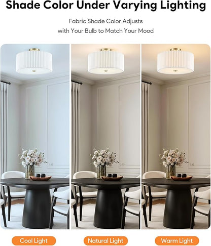 VONLUCE Semi-Flush Mount Ceiling Light, 15.7" Modern 3-Light Ceiling Light Fixture with White Pleated Drum Shade 3 E26 Sockets for Bedroom Entryway Living Room, Bronze Finish, ETL Certificated