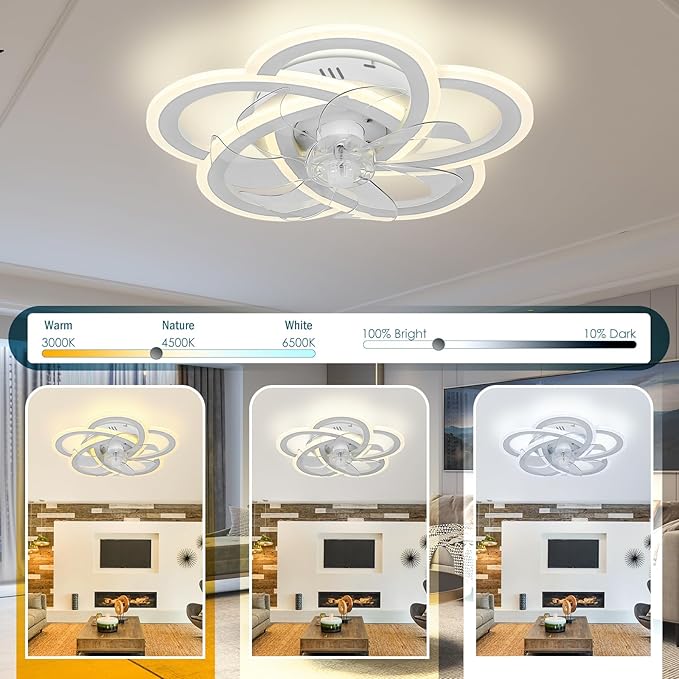 Ceiling Fan with Lights Low Profile Ceiling Fan with Lights Remote Control, 6 Speeds 3 Light Color Flush Mount Fan Lamp for Kitchen Bedroom 20.4" White