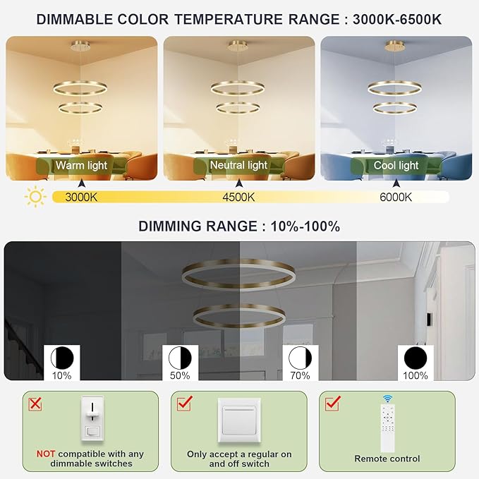 Benkut 2-Rings Modern LED Chandelier Gold for Dining Room, Circular Flush Mount Ceiling Chandelier Light Dimmable Pendant Light with Remote Control for Living Room Entrance Foyer, 3000K-6500K