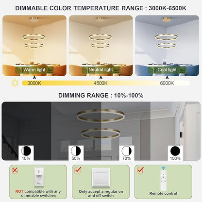 Benkut 2-Rings Modern LED Chandelier Gold for Dining Room, Circular Flush Mount Ceiling Chandelier Light Dimmable Pendant Light with Remote Control for Living Room Entrance Foyer, 3000K-6500K