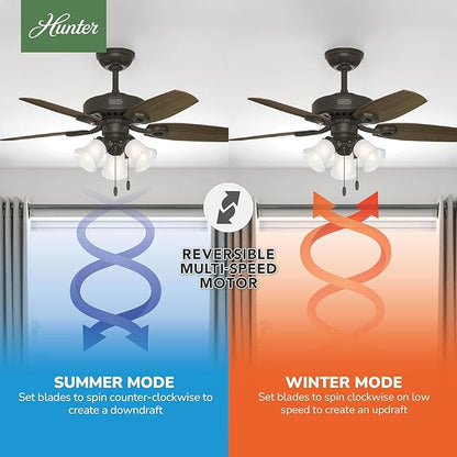 Hunter 42 inch Indoor Ceiling Fan with LED Lights - Bronze Ceiling Fan with Pull Chain, For Bedroom or Living Room, Standard Mount, No Remote, 5 Blades, Includes Bulbs - Builder 52107, New Bronze