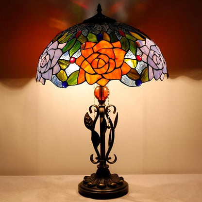 Tiffany Table Lamp Yellow Red Rose Flower Stained Glass Desk Reading Light 16X16X24 Inch Metal Leaf Base for Bedroom Living Room Home Office