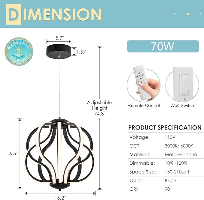 CHYING Modern Black Chandelier with Remote Control, 10-Light 70W 3-Color Temperature Dimmable LED Chandelier for Dining Room, Hanging Adjustable Pendant Light for Living Room Kitchen Entryway Foyer