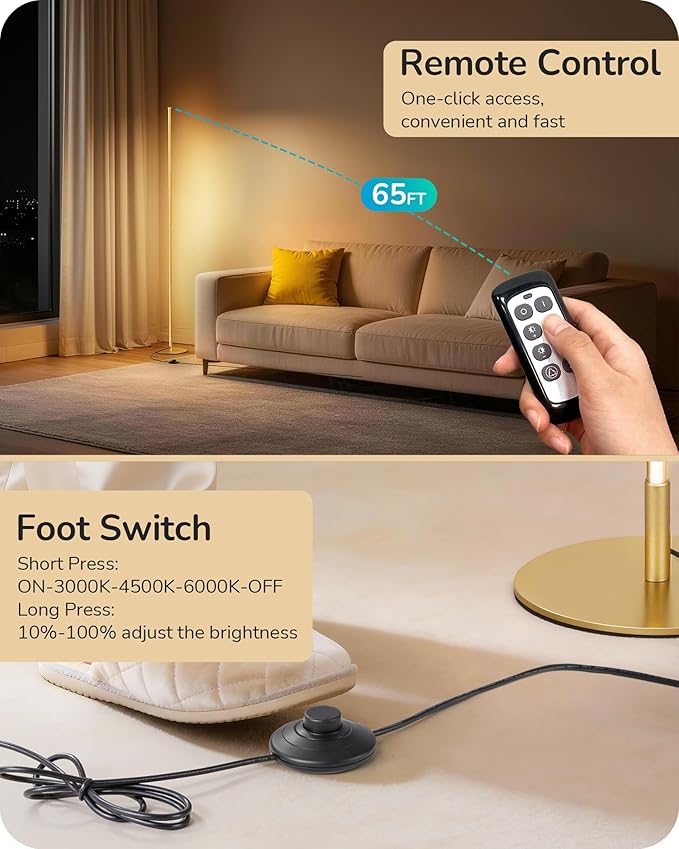 EDISHINE Corner Floor Lamp, 59.8" Standing Lamp with 3 Height Settings, Adjustable Color Temperature & Stepless Dimming, Remote Control, Foot Switch, Slim Floor Lamps for Living Room, Gold