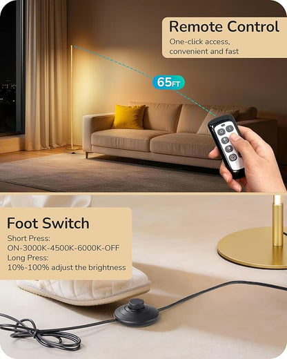 EDISHINE Corner Floor Lamp, 59.8" Standing Lamp with 3 Height Settings, Adjustable Color Temperature & Stepless Dimming, Remote Control, Foot Switch, Slim Floor Lamps for Living Room, Gold