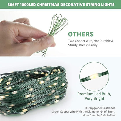 Tcamp 306FT 1000 LED White Christmas Lights, 8 Modes Christmas Tree Lights with Timer Memory Function, Green Wire Starry Fairy String Light for Xmas Tree Outdoor Indoor Decor