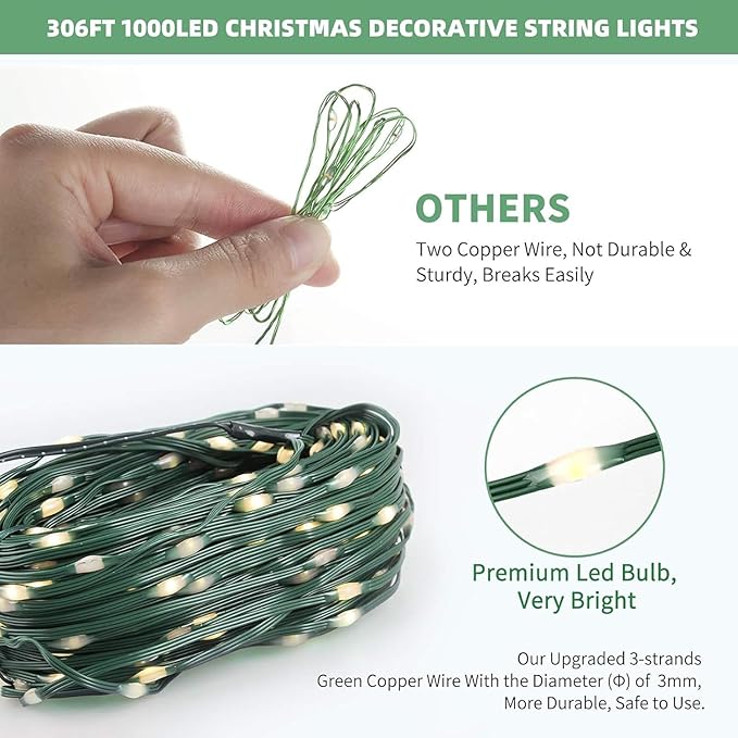 Tcamp 306FT 1000 LED Green Christmas Lights, 8 Modes Christmas Tree Lights with Timer Memory Function, Green Wire Starry Fairy String Light for Xmas Tree Outdoor Indoor Decor
