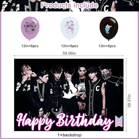 Bangtan Boys Birthday Party Decoration,Boy Band Party Photo Background 5 x 3 FT and 18 Pcs Balloon,Merch Party Backdrop Supplies