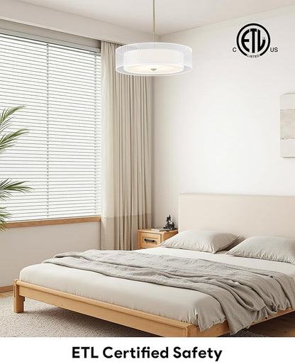 VONLUCE Drum Chandelier, 20" 3-Light Modern Chandelier with 2-Tier Fabric Lampshade, Modern Ceiling Light Fixture for Dining Room Bedroom Living Room with E26 Sockets, Gold Finish, ETL Certified