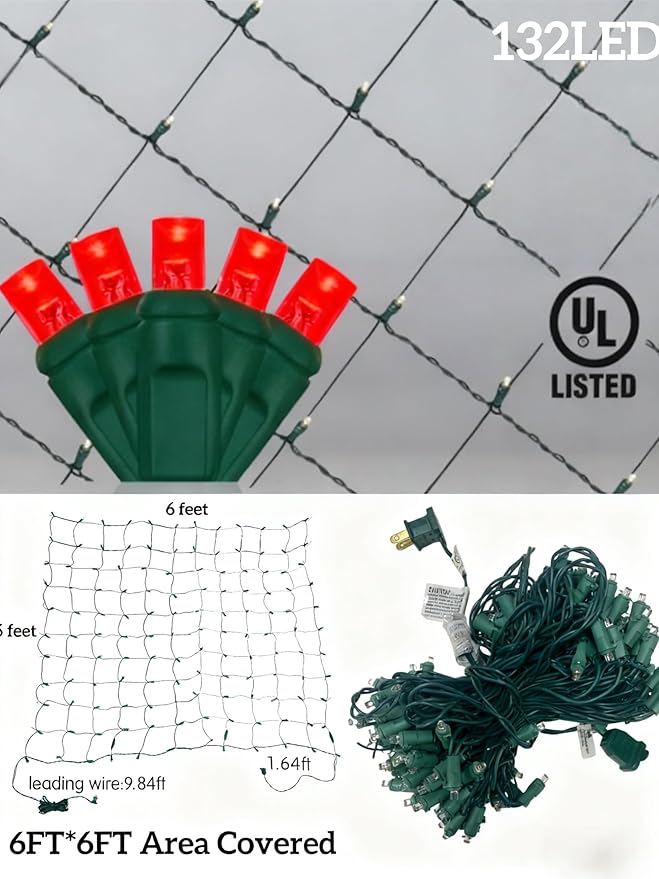 Led Christmas Net Lights for Bushes, 132LED 6FT x 6FT Connectable UL Certified Net Lights for Bushes Tree Shrubs Xmas Trunk Green Wire Christmas Decorations