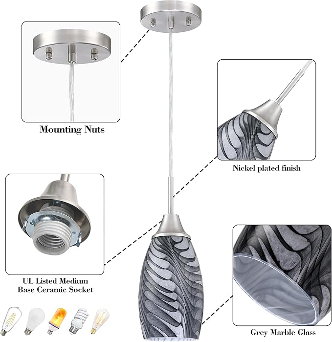 Viinew 1-Pack Mini Glass Pendant Light 4.72" with Handblown Black Gray Marble Art Glass Hanging Light Oval Ceiling Hanging Light Fixture for Dining Room Kitchen Island Cafe Foyer Hallway