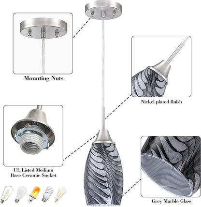 Viinew 1-Pack Mini Glass Pendant Light 4.72" with Handblown Black Gray Marble Art Glass Hanging Light Oval Ceiling Hanging Light Fixture for Dining Room Kitchen Island Cafe Foyer Hallway