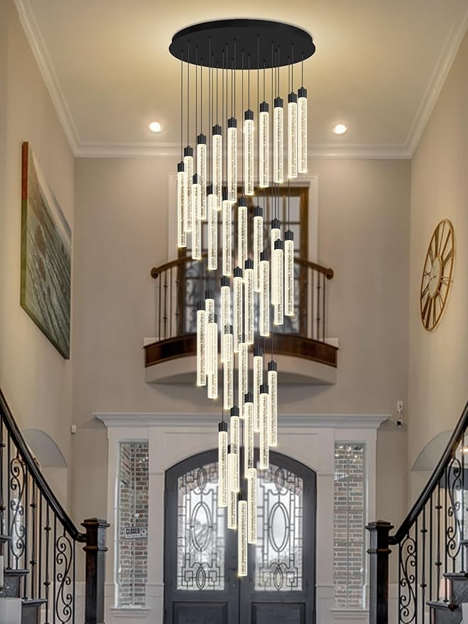 200'' Long Crystal Column Chandelier Black 36-Light Extra Large Staircase Chandelier High Ceiling Dimmable LED Ceiling Lighting Foyer Entryway Light Source is Replaceable