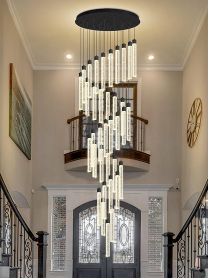 200'' Long Crystal Column Chandelier Black 36-Light Extra Large Staircase Chandelier High Ceiling Dimmable LED Ceiling Lighting Foyer Entryway Light Source is Replaceable