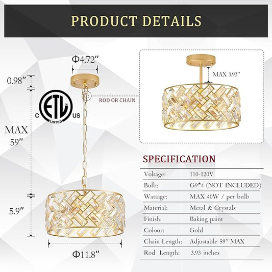 Modern Gold Crystal Chandeliers, Small Semi Flush Mount Chandelier 4-Ligh 12'' Drum Crystal Pendant Light Fixture for Foyer Entryway Kitchen Hallway Dining Room
