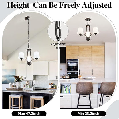 3 Light Farmhouse Chandelier with Milk White Frosted Glass Shades Black Dining Room Light Adjustable Height Ceiling Hanging Light Fixtures for Dinner Table, Kitchen Island, Entryway