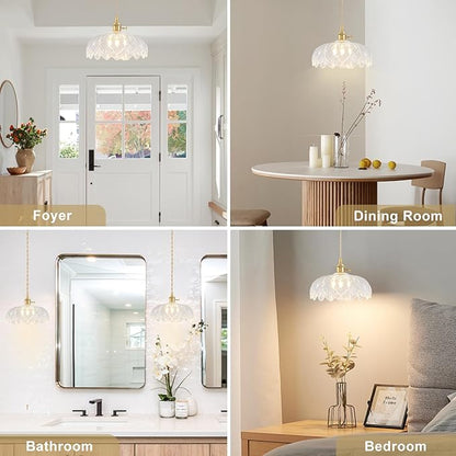 3 Pack Glass Pendant Lights Kitchen Island, Vintage Brass Pendant Light Fixtures, Adjustable Transparent Kitchen Pendant Lighting Over Island for Bedroom Living Room Hallway Dining Room