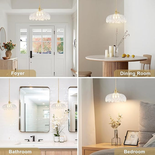 3 Pack Glass Pendant Lights Kitchen Island, Vintage Brass Pendant Light Fixtures, Adjustable Transparent Kitchen Pendant Lighting Over Island for Bedroom Living Room Hallway Dining Room