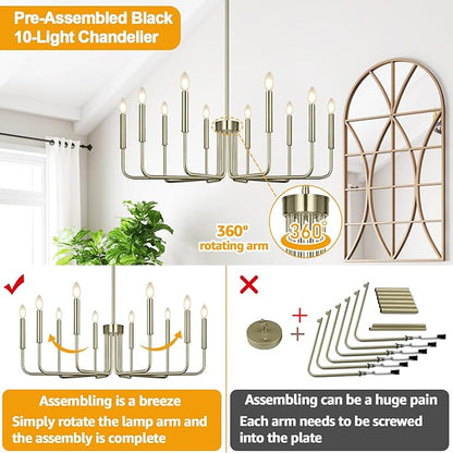 Lynnoland Brass 10-Light Farmhouse Chandelier for Dining Room Lighting Fixtures Hanging, Vintage Candle Pendant Light Fixtures Chandelier for Bedroom, Foyer and Living Room