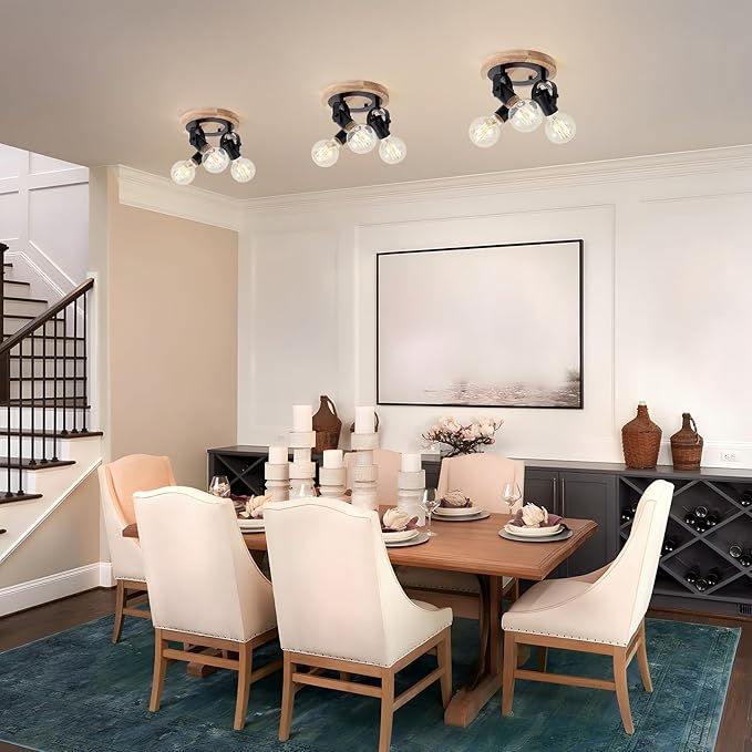 3-Light Round Flush Mount Ceiling Light，Rustic Ceiling Track Lighting with Wooden Base, Adjustable Multi-Directional Kitchen Light fixtures for Dining Room Hallway Entryway Bedroom.