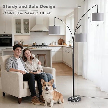 Floor lamp with Remote, 3 Light Arc Floor Lamps for Living Room, 2400LM Tall Standing Floor Lamps with Gray Shades, 80" Large Floor Lamp for Bedroom, Office