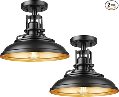 FEMILA Industrial Semi Flush Mount Ceiling Light, 12" Farmhouse Front Porch Ceiling Lighting Fixture, 2 Pack Outdoor Flush Mount Porch Light for Entryway, Hallway, Kitchen, 4FY15-F-2PK BK-1